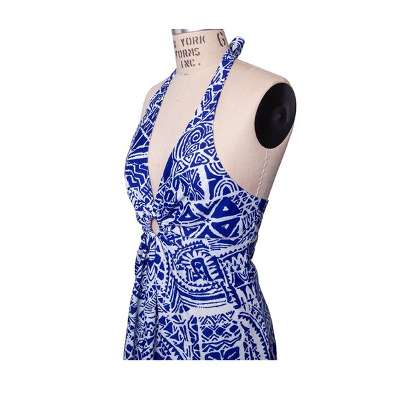 Vintage 60s 70s Hawaii Nei Hawaiian Blue White Halter Maxi Sundress Dress - Picture 12 of 16